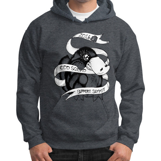 Gildan Hoodie (on man) Dark heather odd-squad