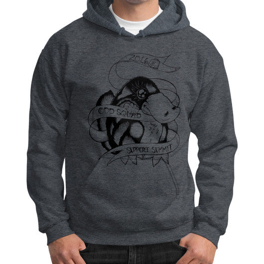 Gildan Hoodie (on man) Dark heather odd-squad